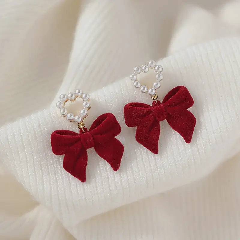 Burgundy Velvet Bow Tie Earrings with Heart-Shaped Imitation Pearls