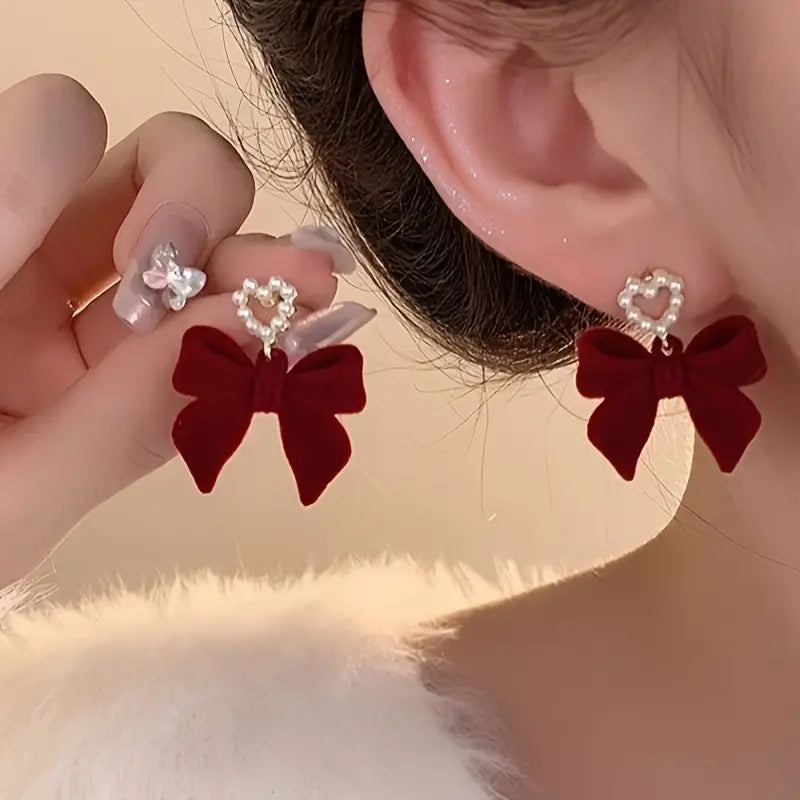 Burgundy Velvet Bow Tie Earrings with Heart-Shaped Imitation Pearls