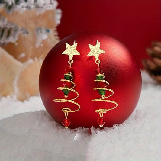 Spiral Tree Christmas Earrings w Beads